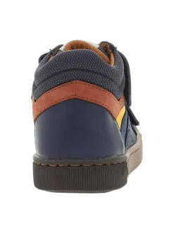 Bottillons en cuir bleu marine avec bandes rouge et jaune cousues sur la tige