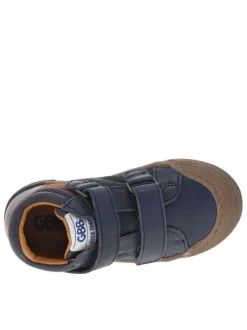 Bottillons en cuir bleu marine avec bandes rouge et jaune cousues sur la tige