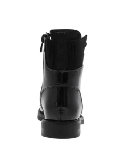 Bottillons fourrés noirs vernis à talon bas, chevillière stretch et zip