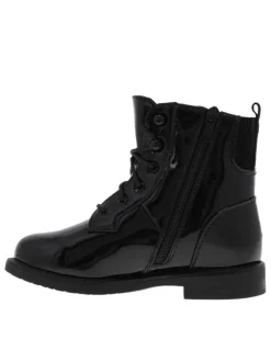 Bottillons fourrés noirs vernis à talon bas, chevillière stretch et zip