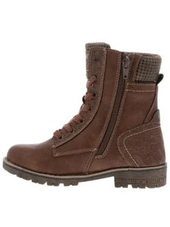 Bottines cognac à talon décroché bas avec des lacets plats et un zip