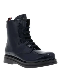 Bottines aspect cuir verni bleu marine à semelle plate à talon décroché bas et à lacets plats et zip