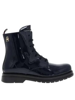 Bottines aspect cuir verni bleu marine à semelle plate à talon décroché bas et à lacets plats et zip