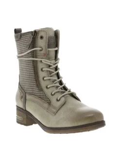 Bottines beiges à talon décroché bas avec un zip et des lacets ronds