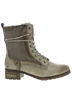 Bottines beiges à talon décroché bas avec un zip et des lacets ronds