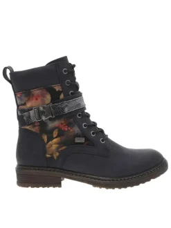 Bottines bleues à talon décroché bas avec un zip et des lacets ronds