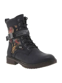 Bottines bleues à talon décroché bas avec un zip et des lacets ronds