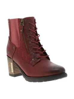 Bottines bordeaux à talon décroché haut avec un zip et des lacets ronds