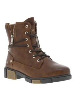 Bottines brunes à talon décroché bas avec un zip et des lacets ronds
