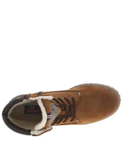 Bottines brunes à talon décroché bas et à lacets marron à liseré rouge
