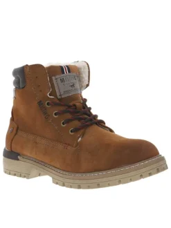 Bottines brunes à talon décroché bas et à lacets marron à liseré rouge