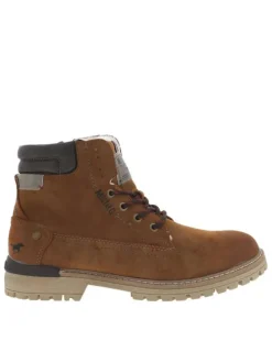 Bottines brunes à talon décroché bas et à lacets marron à liseré rouge