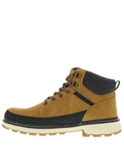 Bottines caramel à semelle crantée beige, renfort noir et lacets ronds tressés