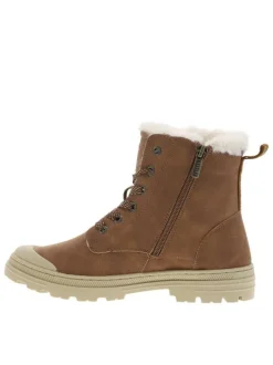 Bottines cognac à talon décroché bas avec des lacets plats et un zip