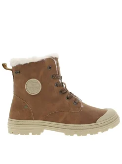 Bottines cognac à talon décroché bas avec des lacets plats et un zip