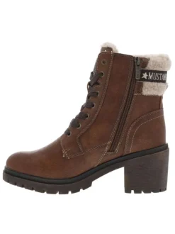 Bottines cognac à talon décroché moyen avec des lacets plats et un zip
