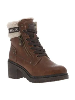 Bottines cognac à talon décroché moyen avec des lacets plats et un zip