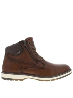 Bottines cognac à talon plat et à lacets ronds tressés bicolores et zip latéral