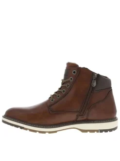 Bottines cognac à talon plat et à lacets ronds tressés bicolores et zip latéral