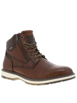 Bottines cognac à talon plat et à lacets ronds tressés bicolores et zip latéral