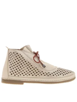 Bottines en cuir beiges à semelle plate avec des lacets et un zip latéral