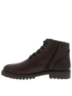 Bottines en cuir café à talon décroché bas avec un zip et des lacets ronds