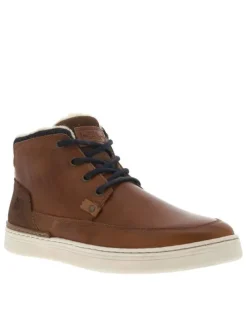 Bottines en cuir cognac à semelle plate et à lacets ronds bleus