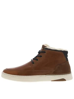Bottines en cuir cognac à semelle plate et à lacets ronds bleus