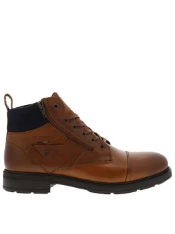 Bottines en cuir cognac à talon décroché bas avec des lacets et un zip latéral
