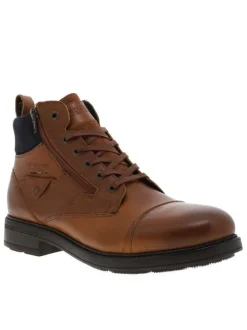 Bottines en cuir cognac à talon décroché bas avec des lacets et un zip latéral