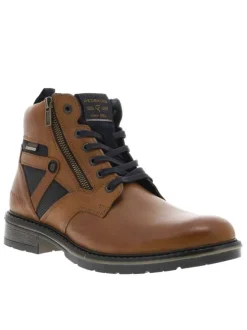Bottines en cuir cognac à talon décroché bas avec des lacets plats et un zip