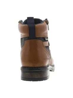 Bottines en cuir cognac à talon décroché bas avec des lacets plats et un zip