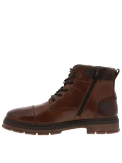 Bottines en cuir cognac à talon décroché bas avec un zip et des lacets ronds
