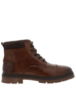 Bottines en cuir cognac à talon décroché bas avec un zip et des lacets ronds