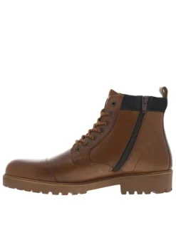 Bottines en cuir cognac à talon décroché bas avec zip et lacets ronds