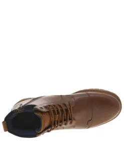 Bottines en cuir cognac à talon décroché bas avec zip et lacets ronds