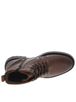 Bottines en cuir cognac à talon plat et à lacets et zip latéral et surpiqûres