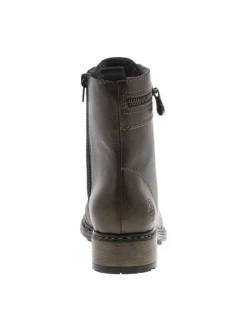 Bottines en cuir enduit bronze à talon décroché bas avec des lacets et un zip