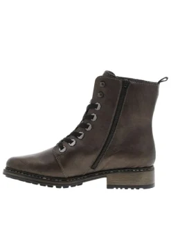 Bottines en cuir enduit bronze à talon décroché bas avec des lacets et un zip