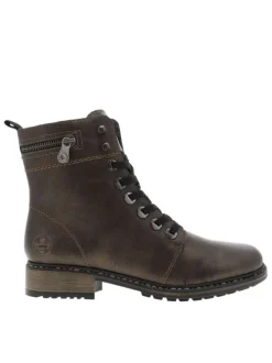 Bottines en cuir enduit bronze à talon décroché bas avec des lacets et un zip