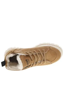 Bottines en cuir enduit camel à talon plat avec des lacets et un zip latéral