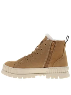 Bottines en cuir enduit camel à talon plat avec des lacets et un zip latéral