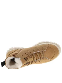 Bottines en cuir enduit camel à talon plat avec des lacets et un zip latéral