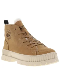 Bottines en cuir enduit camel à talon plat avec des lacets et un zip latéral