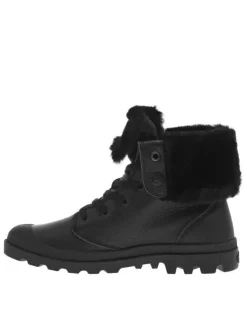 Bottines en cuir grainé noir à tige rabattable, fourrées, lacets plats