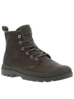 Bottines en cuir kaki à talon plat avec des lacets et un zip latéral