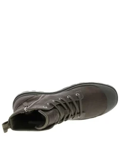 Bottines en cuir kaki à talon plat avec des lacets et un zip latéral