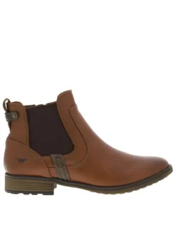 Bottines en cuir lisse marron à talon décroché bas et soufflet élastiqué