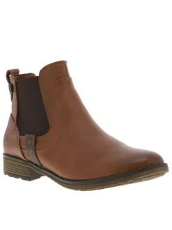 Bottines en cuir lisse marron à talon décroché bas et soufflet élastiqué