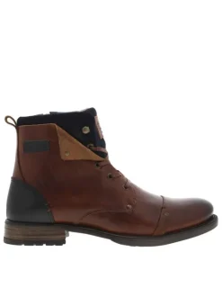 Bottines en cuir marron fourrées avec empiècements foncées, lacets tressés marrons et fermeture zippée